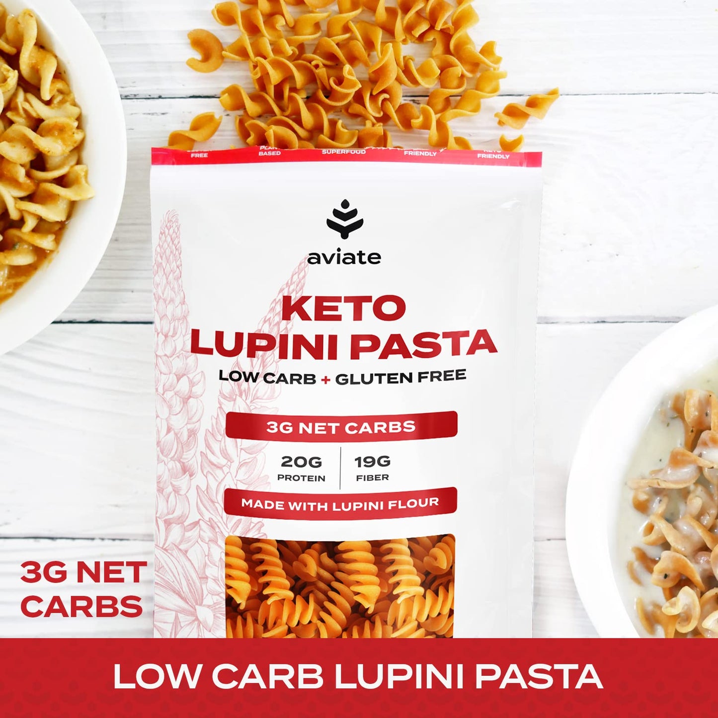 Aviate Keto Pasta Rotini - Low Carb (3G Net) Lupini Noodles, High Protein (20G), Gluten-Free, Made With Lupin Flour, Plant Based