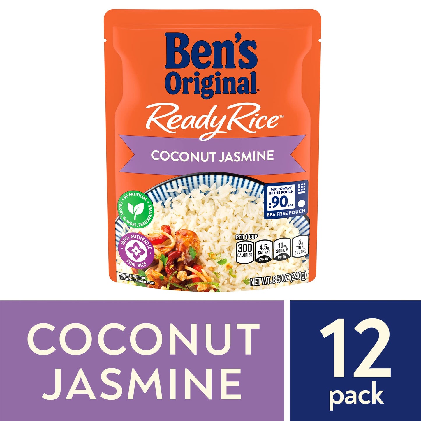 BEN S ORIGINAL Ready Rice Coconut Jasmine Flavored Rice, Easy Dinner Side, 8.5 oz Pouch (Pack of 12)