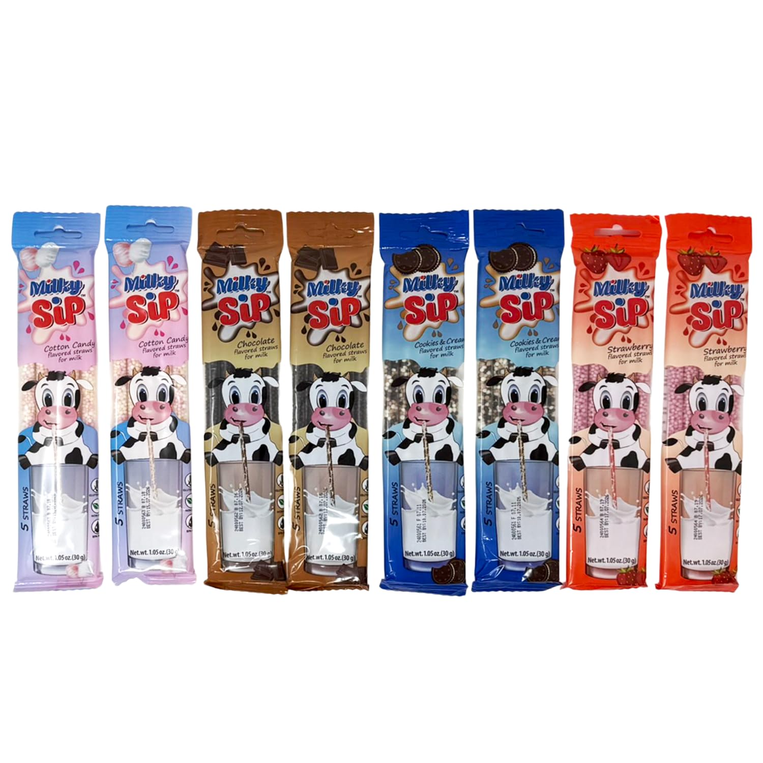 40 Pcs Milky Sip Magical Milk Straws - 4 Assorted Flavors: Chocolate, Strawberry, Cookies & Cream, Cotton Candy 10 Each Flavor -