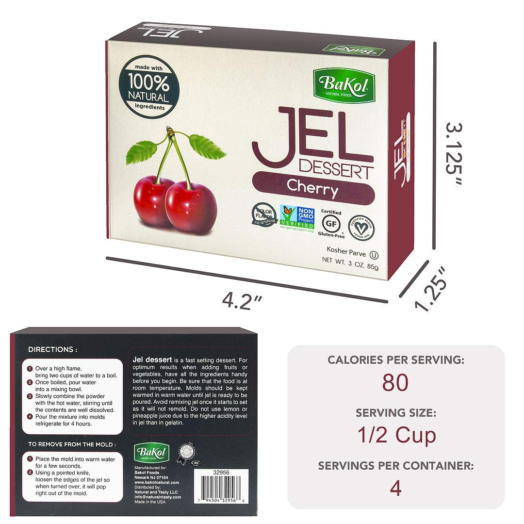 Bakol Jel Dessert - All Natural Vegan Dessert Mix - Kosher - Halal - No Artificial Sweeteners Flavors Or Colors - Cherry Flavor