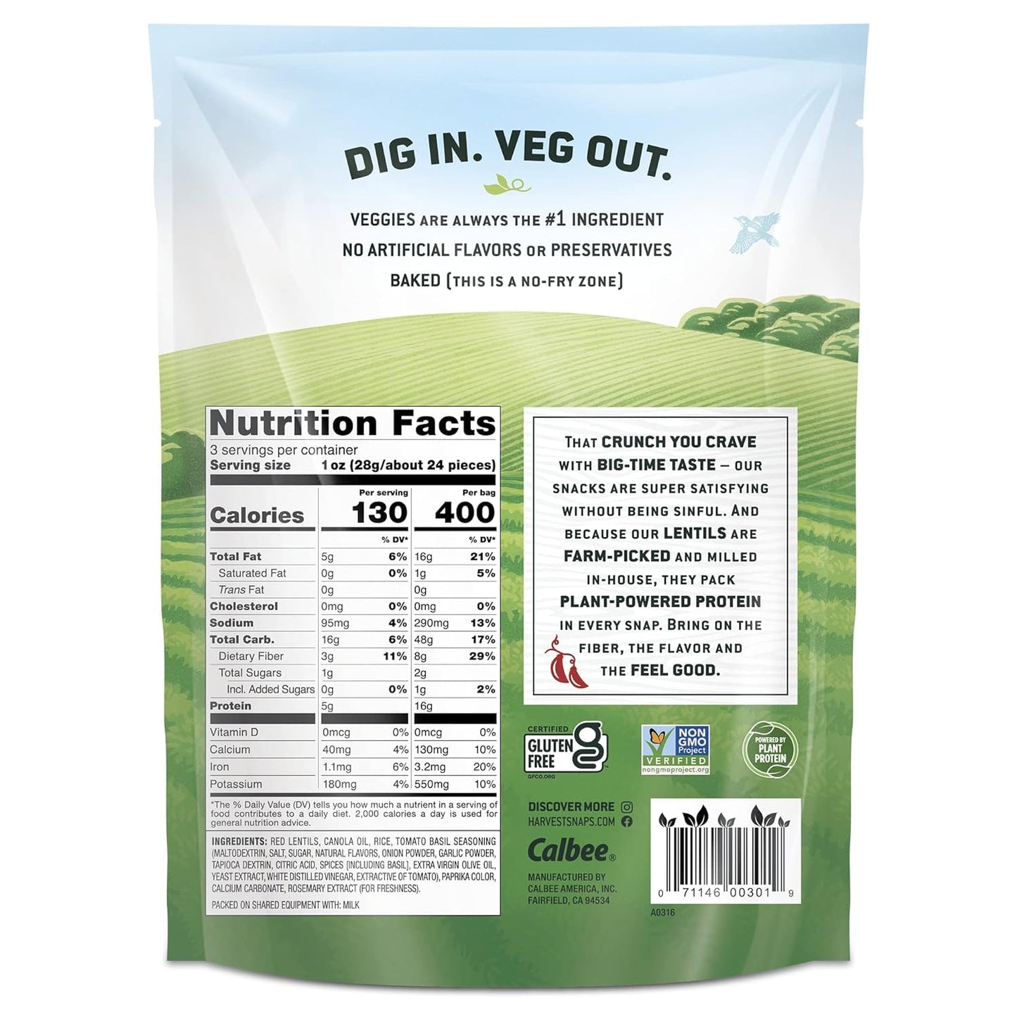 Harvest Snaps Veggie Chips (Red Lentil Snack Crisps Tomato Basil, 3.0 Oz) | Powered By Plant Protein, Gluten Free, Non-Gmo Baked