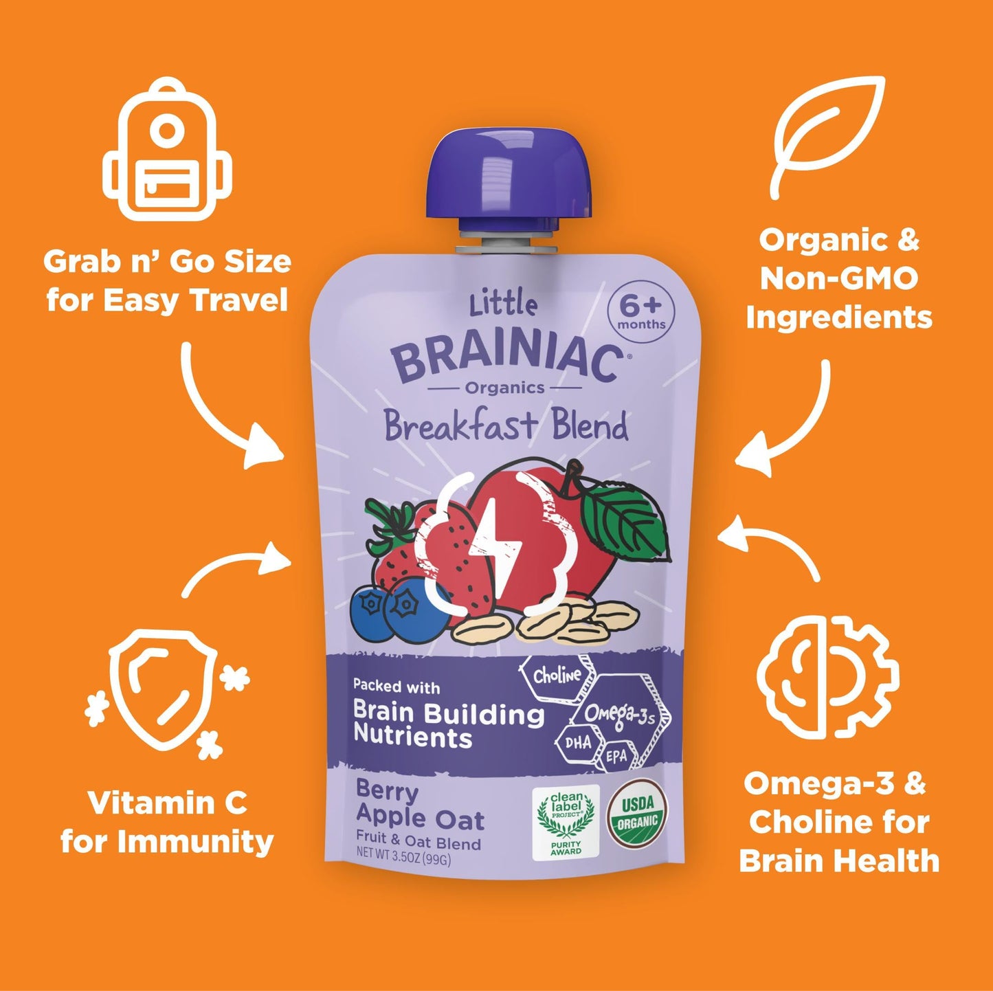 Little Brainiac Breakfast Blend Organic Fruit & Oat Toddler Pouches, Berry Apple Oat with Omega-3s DHA/EPA and Choline, Clean La