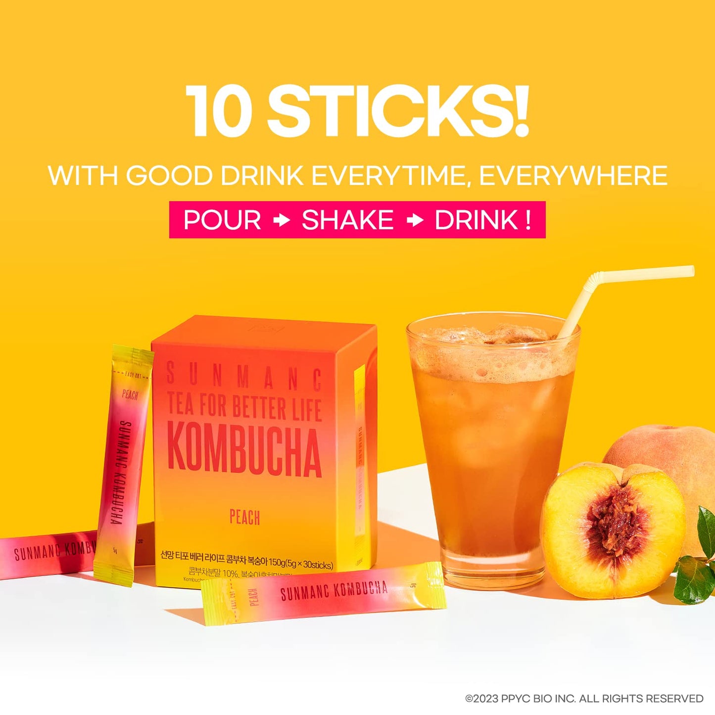 SUNMANC Kombucha Powdered Drink Mix, Sparkling Probiotic, Peach Flavor, 1.76 Ounce, Low Calories, Sugar 0g, Low Caffeine