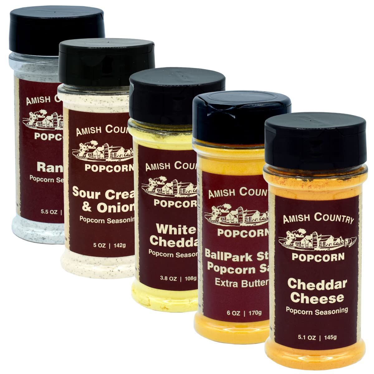 Amish Country Popcorn | Seasoning Variety Pack | 5 Bottles | Ballpark Buttersalt, Cheddar Cheese, White Cheddar, Ranch, Sour Cre