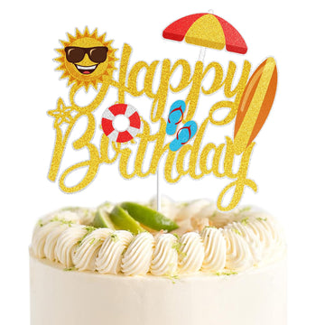 Summer Beach Happy Birthday Cake Topper Gold Glitter Summer Pool Swimming Surfing Party Decoration Summer Holiday Birthday Party