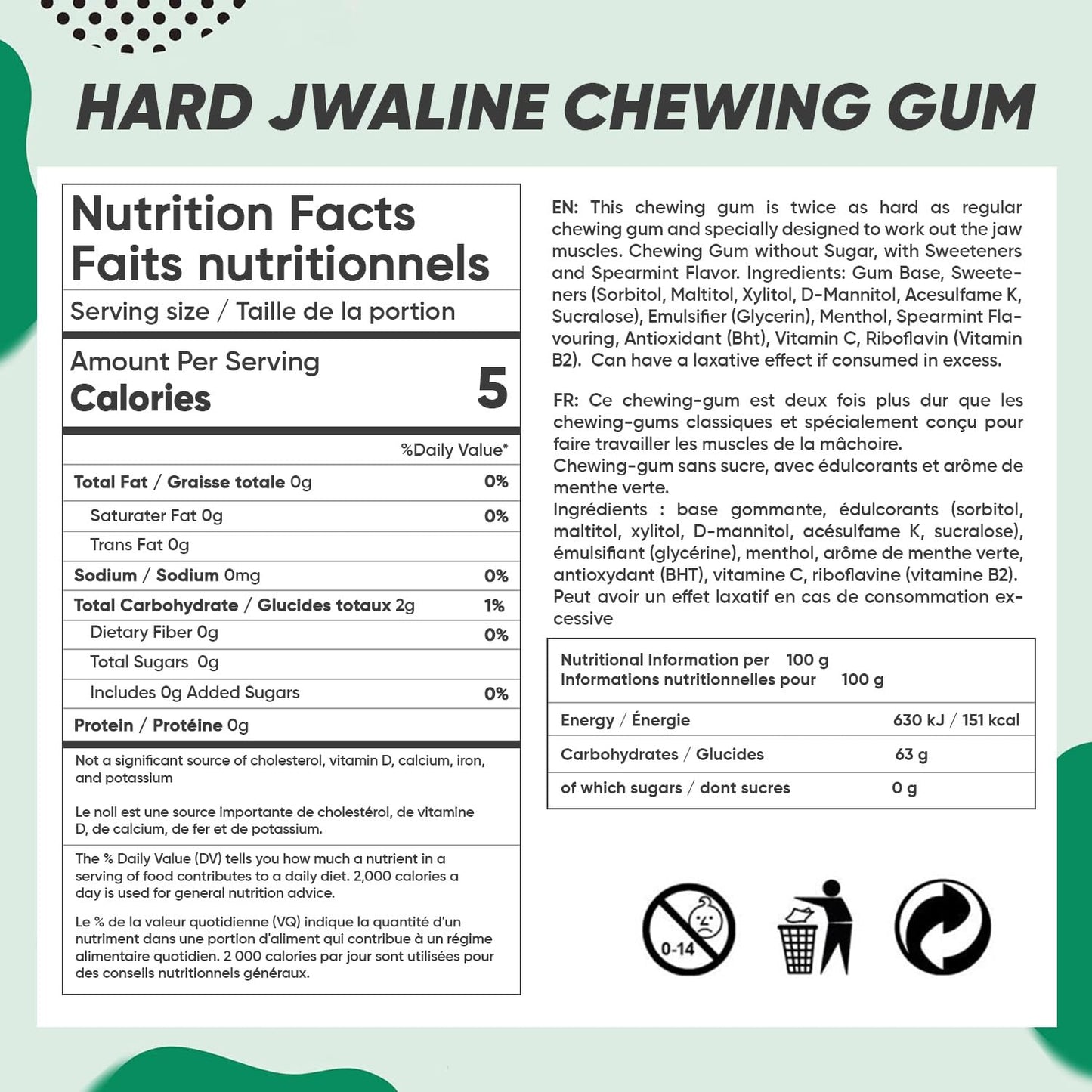 Jawliner Hard Jwaline Chewing Gum - Sugar Free Spearmint Tough Jaw Gum - Jaw Exerciser Strong Mewing Jawline Mistic Gum - 2x Harder than Regular Chewing Gum 330 Grams (120 Strips)
