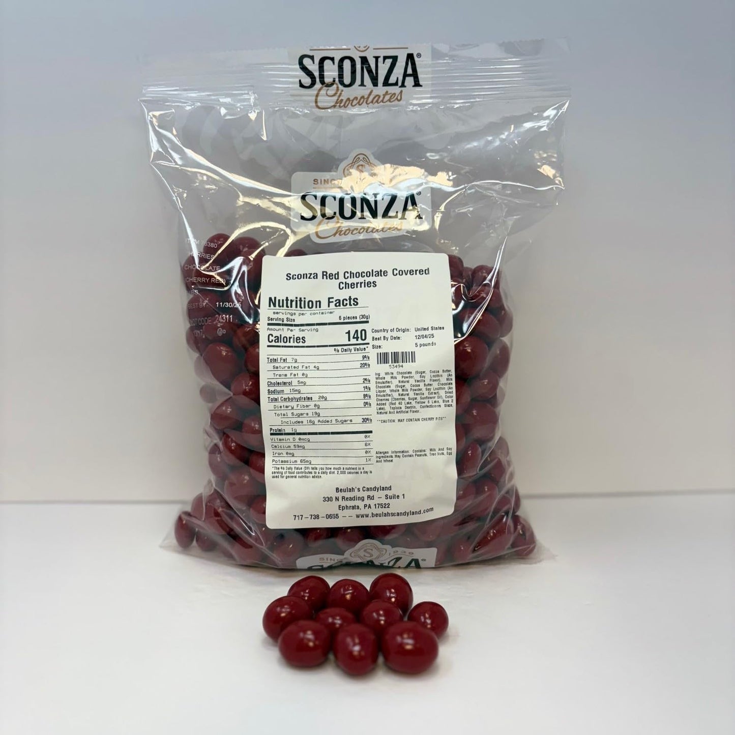 Beulah'S Red Chocolate Covered Dried Cherries, 5 Pound Package, 400 Pieces Of Candy