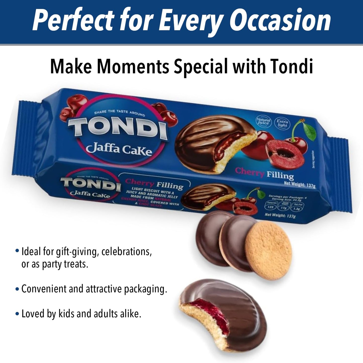 Tondi Variety 6 Pack European Biscuits, Jaffa Cakes 2 Orange Filling, 2 Strawberry Filling And 2 Cherry Filling 137G/Each