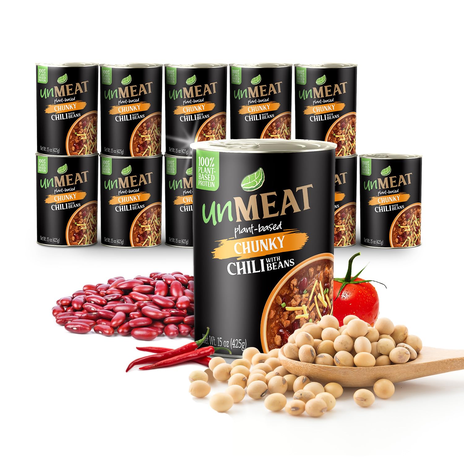 unMEAT Chunky Chili With Beans Extra Protein, Plant-Based Vegan Chili, Easy Open Can, 15  oz, (Pack of 12)