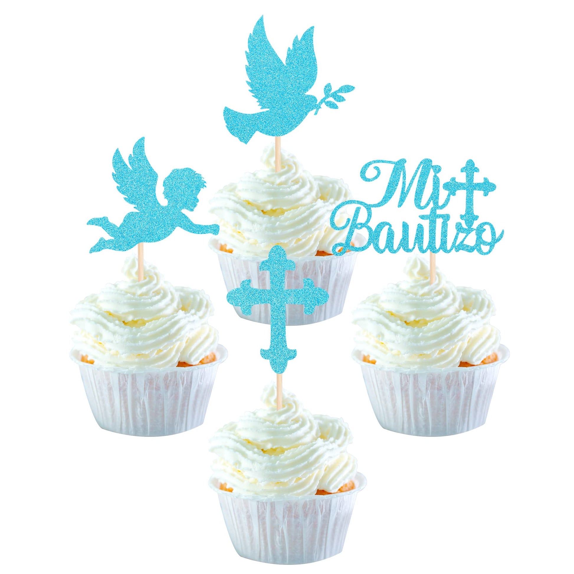 YCTHUNFISH Cupcake Toppers, 24 Pack, Bamboo, Glitter Cross, Blue, Religious Baptism/Party Decorations