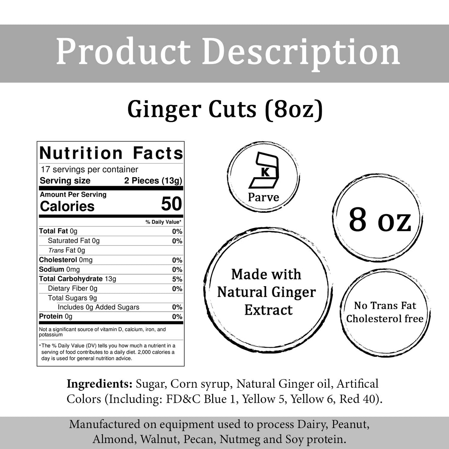Jamaican Choice Ginger Cuts 100% Real Ginger Kosher  8 Oz (3-Pack)