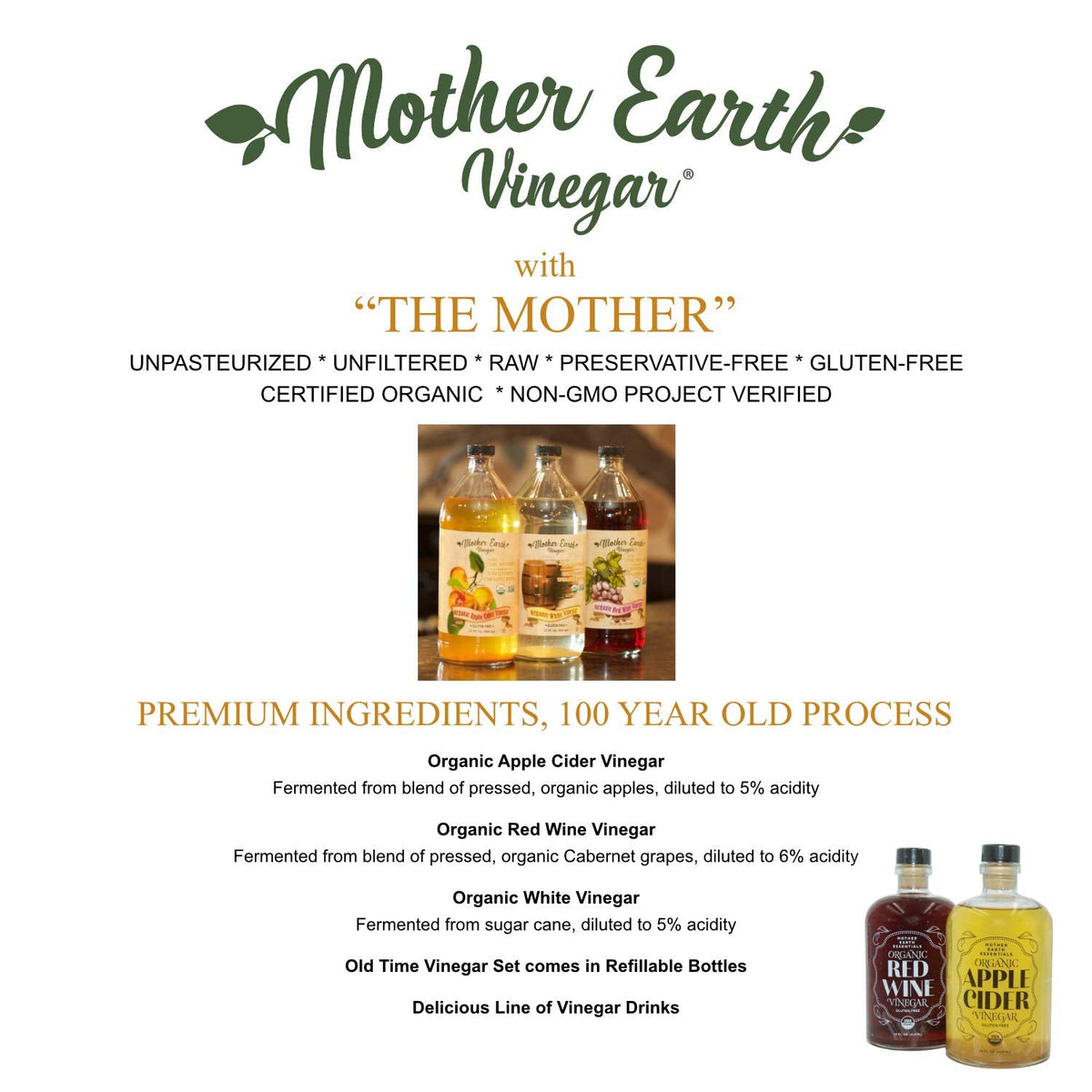 Mother Earth Organic Apple Cider Vinegar With The Mother – 16 oz Glass Bottle