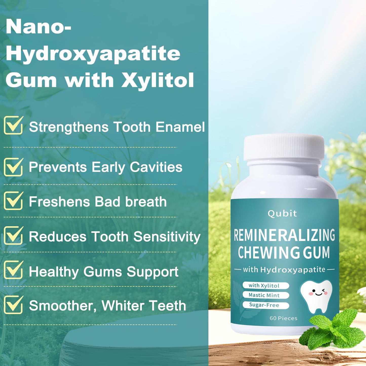 Remineralizing Gum with Nano-Hydroxyapatite Gum & Xylitol - Sugar-Free Mastic Mint - Enamel Protection, Fresh Breath & Oral Heal
