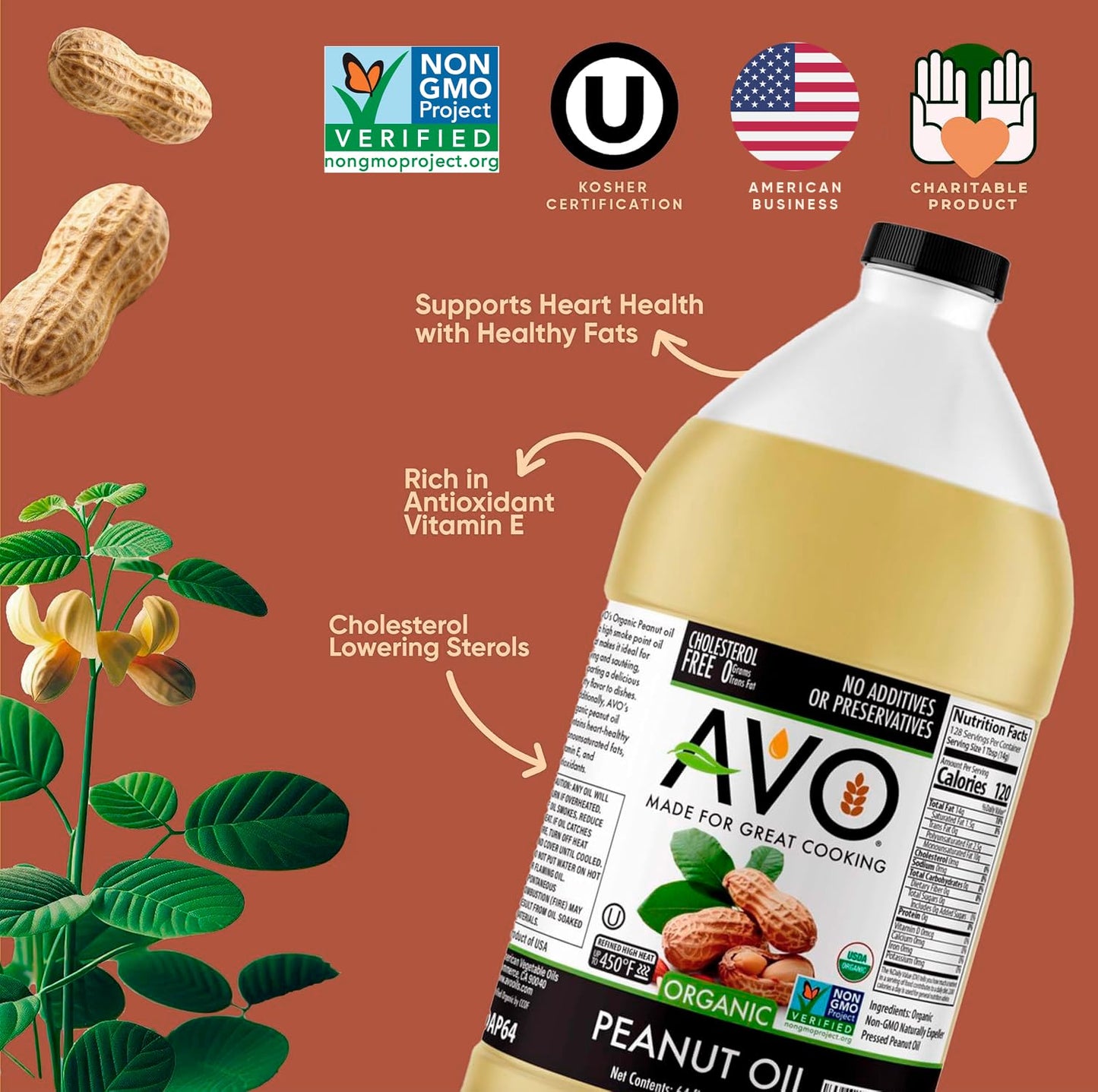 Avo Made For Great Cooking Organic Peanut Oil Half Gallon - Perfect For Cooking & Deep Frying - Ideal For Chefs, Moms, And Grill