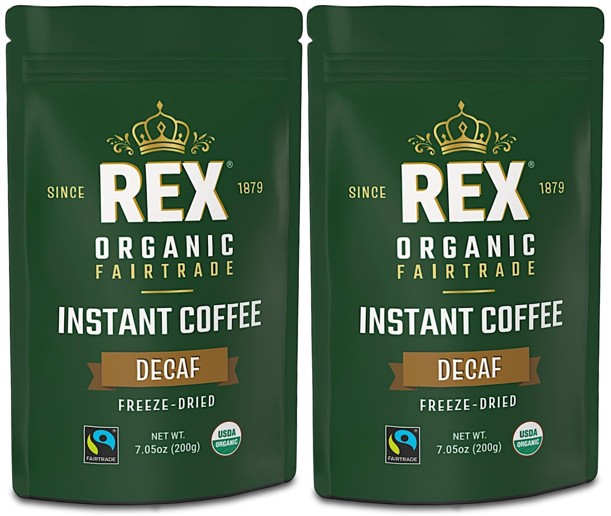 Rex Organic Fairtrade Decaf Freeze-Dried Instant Coffee - Naturally Decaffeinated Arabica  7.05 Oz (Pack Of 2) Resealable Pouch Bags - Mountain Water Process