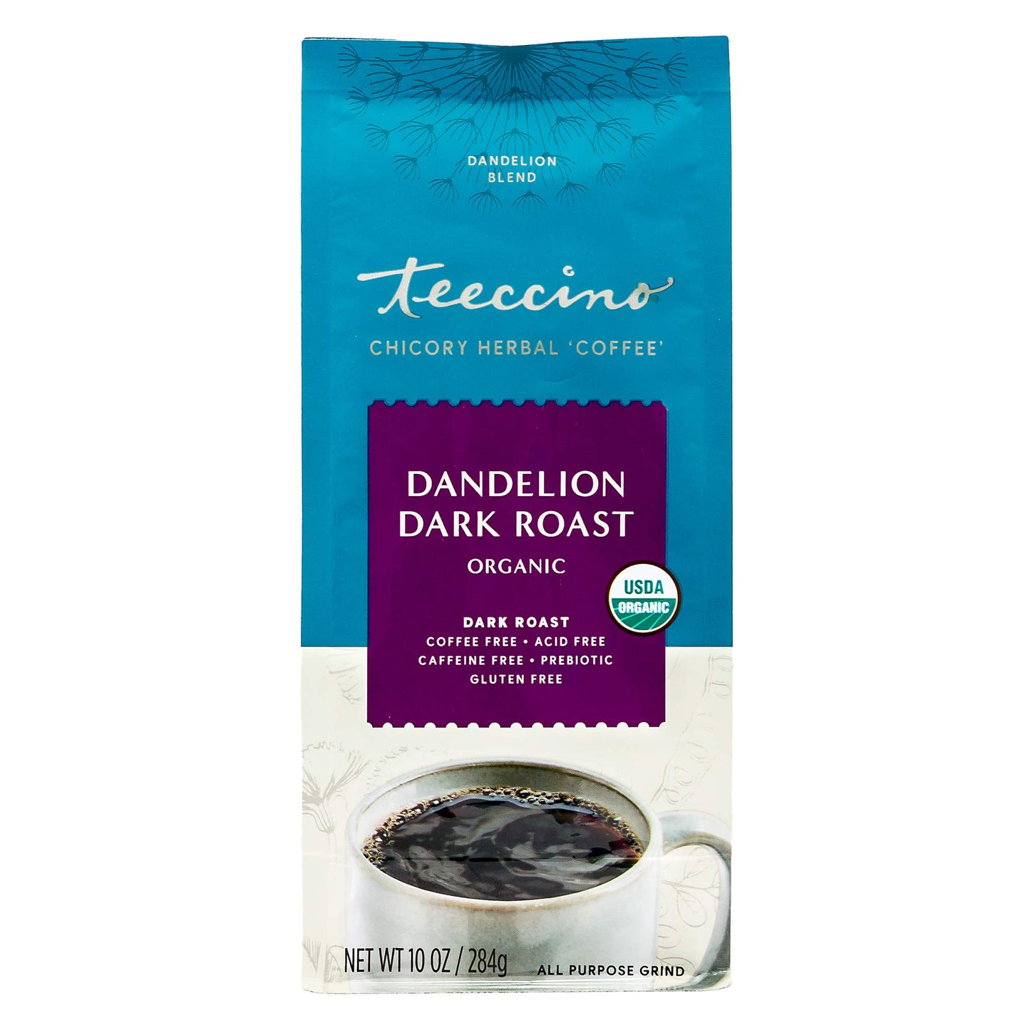 Teeccino Dandelion Dark Roast Herbal Coffee - 10 Oz - Caffeine-Free Coffee Alternative With Prebiotics, Gluten Free, Acid Free, Organic