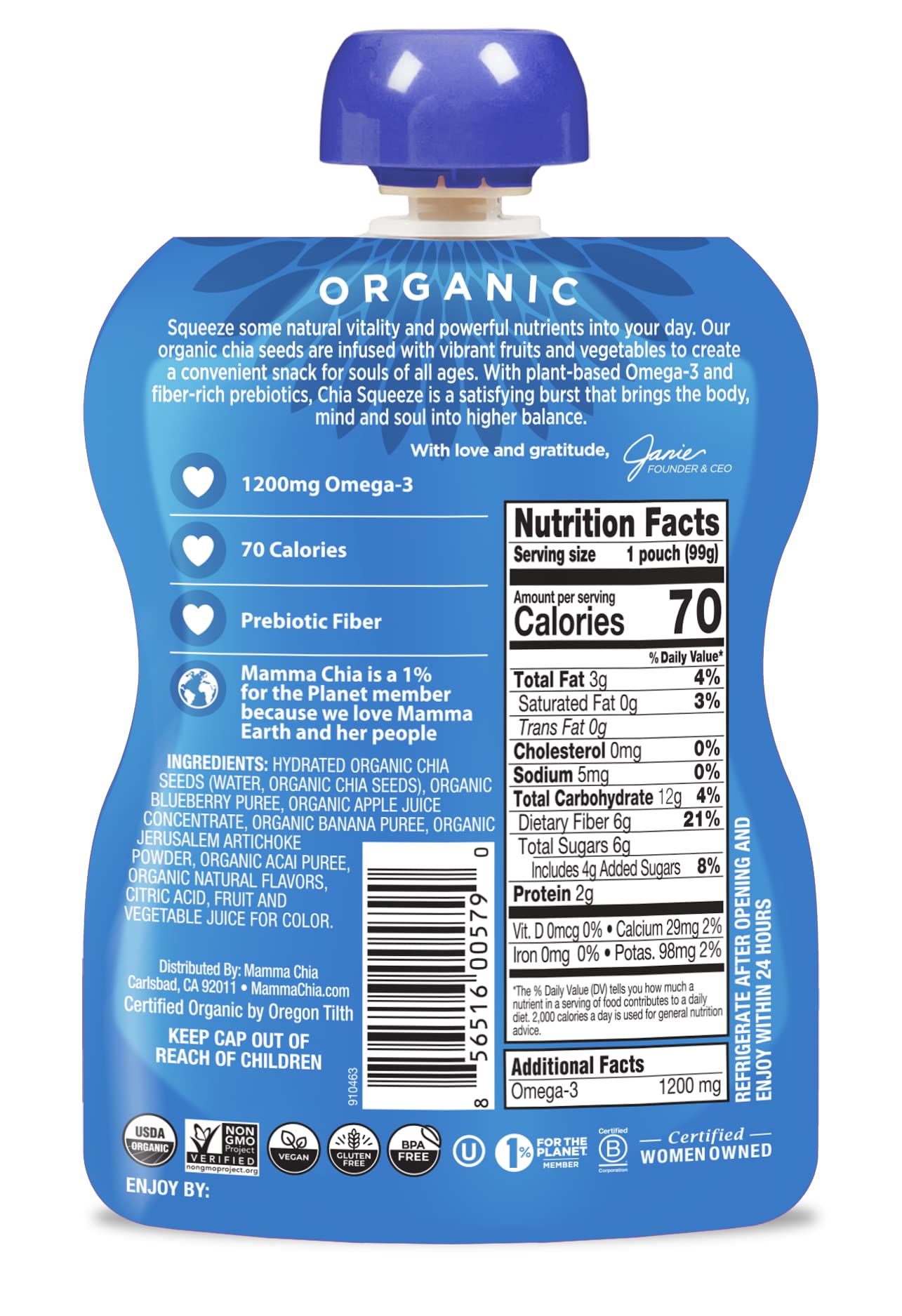 Mamma Chia Organic Prebiotic Squeeze Snack, Blueberry Acai, 16- 3.5 Ounce, Fiber-Rich Prebiotic Gut Support, Usda Organic, Non-G
