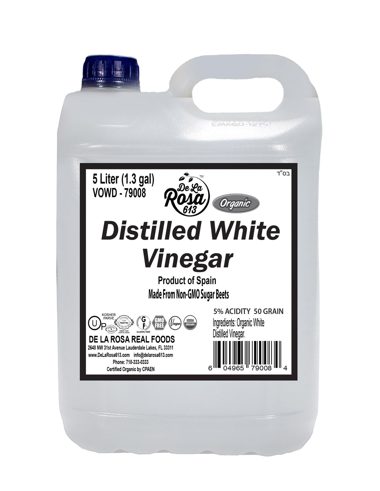De La Rosa Organic Distilled White Vinegar, Raw & Unfiltered, 5 Liter, Vegan, Gluten Free, Kosher for Passover