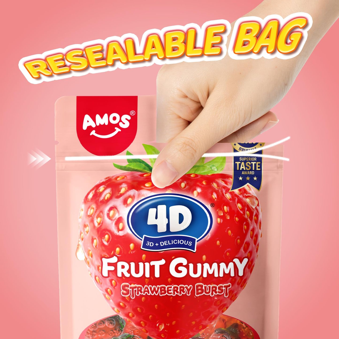 Amos Gummy Candy 4D Fruit Gummies, Fruit Snacks Strawberry Peach Grape Burst, Resealable 2.29Oz Bag, Natural Flavor (3 Pack Vari