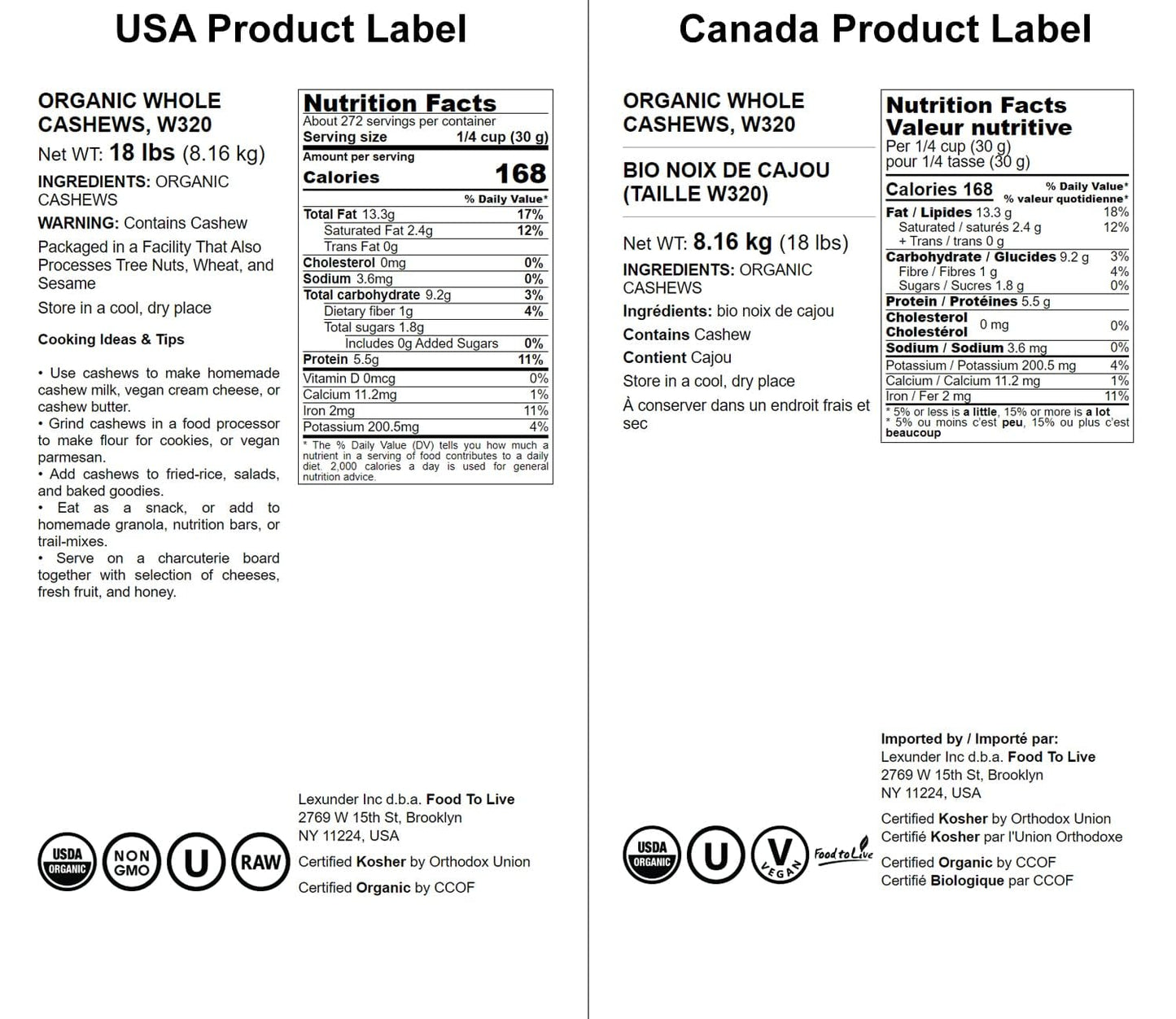 Food To Live Organic Cashews, 18 Pounds - Whole, Unsalted, Non-Gmo, Kosher, Raw, Vegan, Bulk