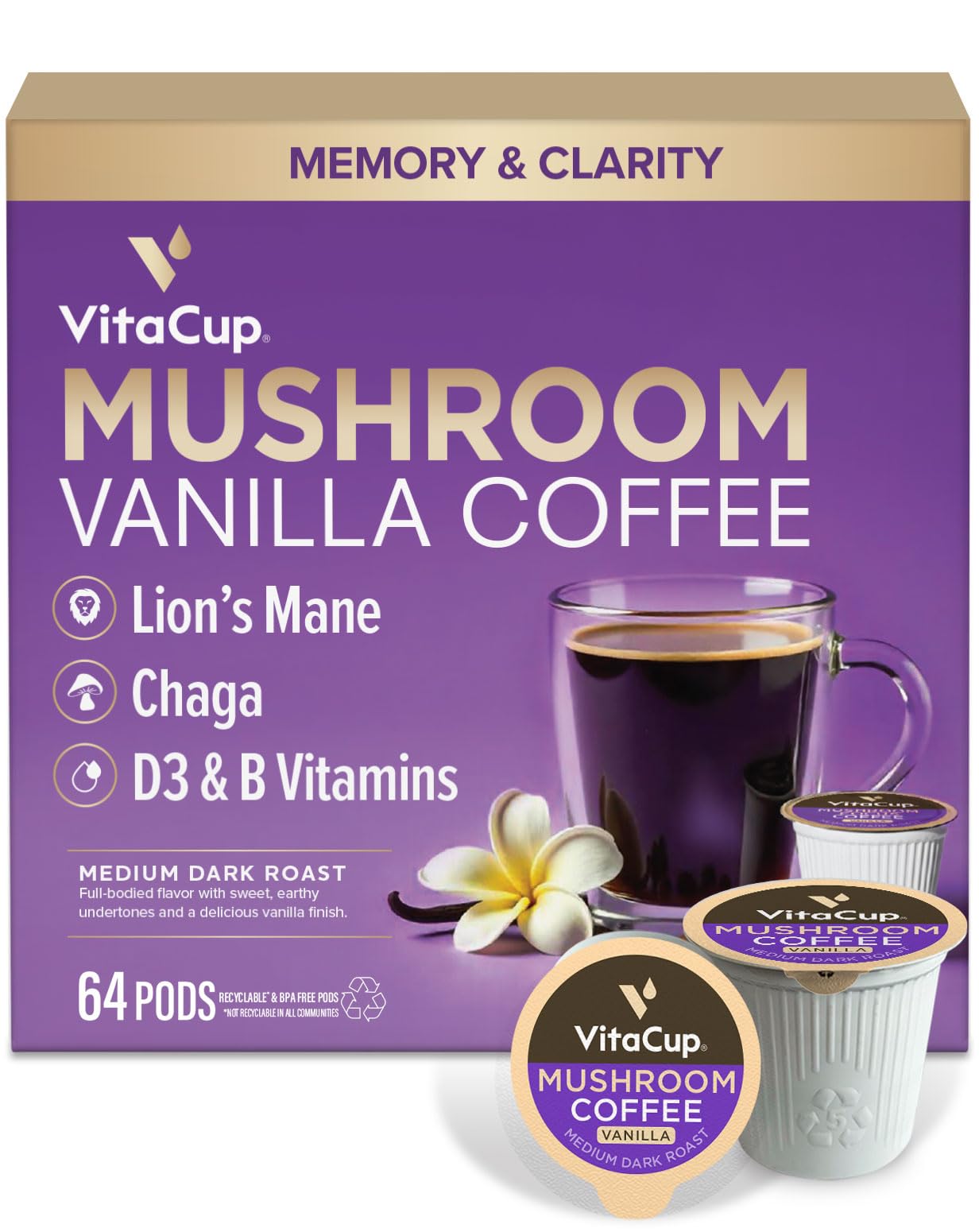 Vitacup Focus Mushroom Coffee Pods  Vanilla Flavored Coffee With Chaga  Lions Mane  Vitamins  Medium Dark Roast Arabica Beans  Recyclable Single Serve Pods Compatible With Keurig K-Cup Beverage Makers  64 Ct