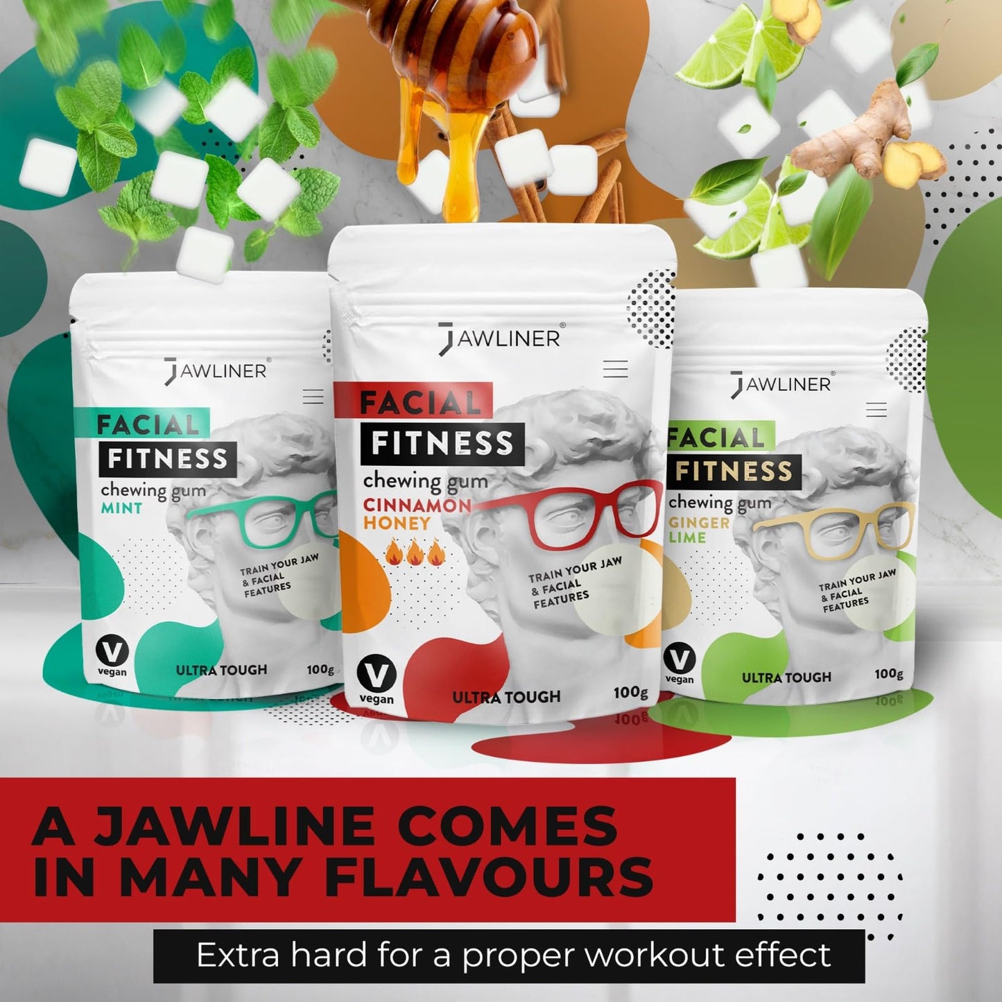 Jawliner Fitness Chewing Gum (2 Months Pack) Jawline Gum - Sugar Free Gum - Cinnamon Honey Gum - Double Chin Reducer - Jawline E