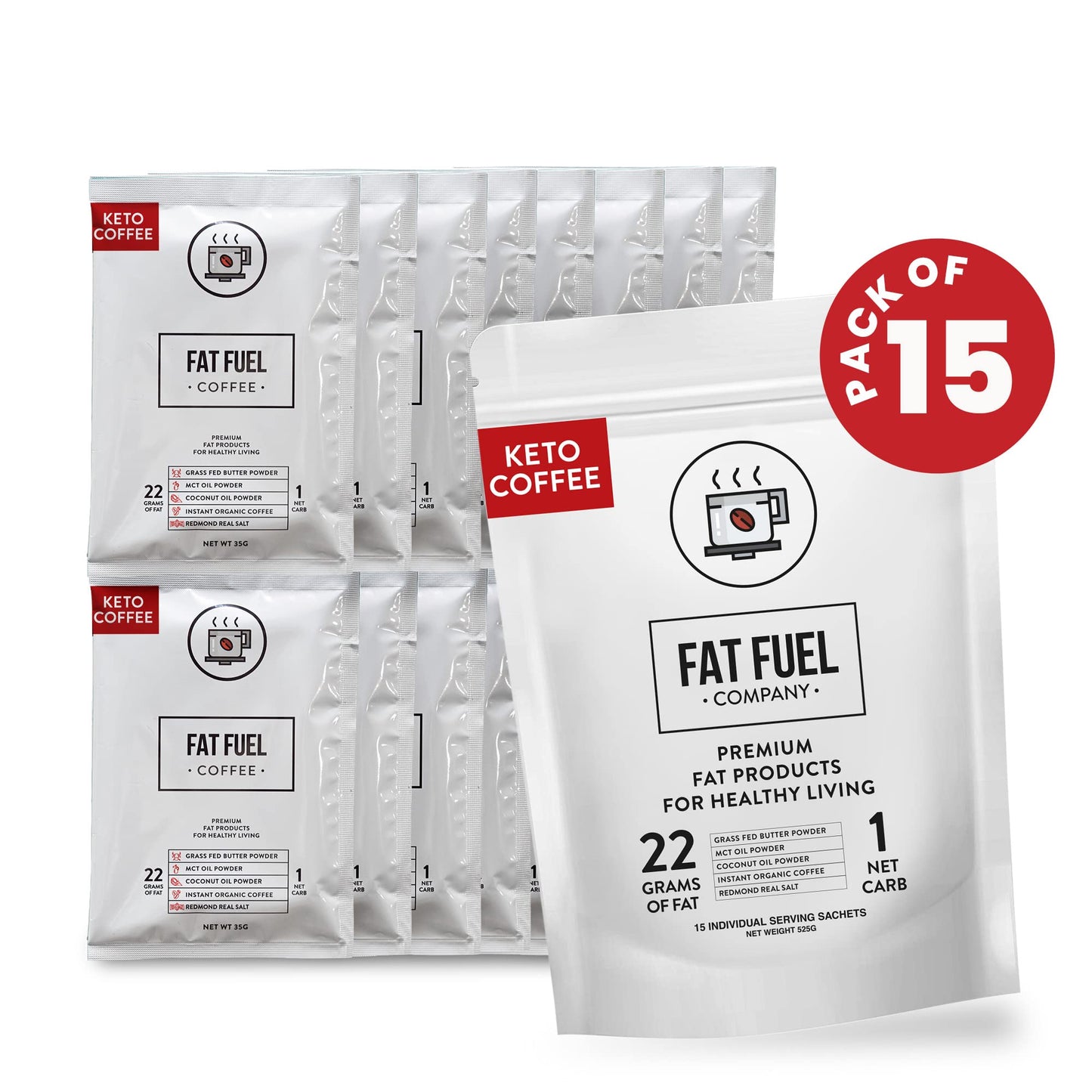 Keto Meal Replacement Coffee Packets with MCT Oils  Coconut Oil  Grass-Fed Butter  and Redmond Real Salt - Organic Instant Coffee by Fat Fuel Company (15 Servings)