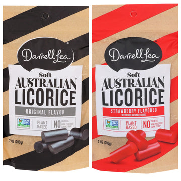 Darrell Lea Soft Australian Made Licorice, Original Black Flavor AND Strawberry, 7 oz Bag | Non-GMO, No Palm Oil, No Artificial 