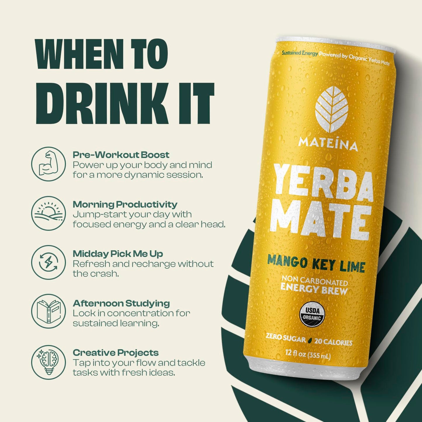 Mateina Yerba Mate Zero Sugar Energy Drink - 120mg Natural Caffeine - Organic  Non-GMO  Non-Carbonated - Dr. Andrew Huberman Recommended - 12 Pack (12oz Cans) (12 Pack  Mango Key Lime)
