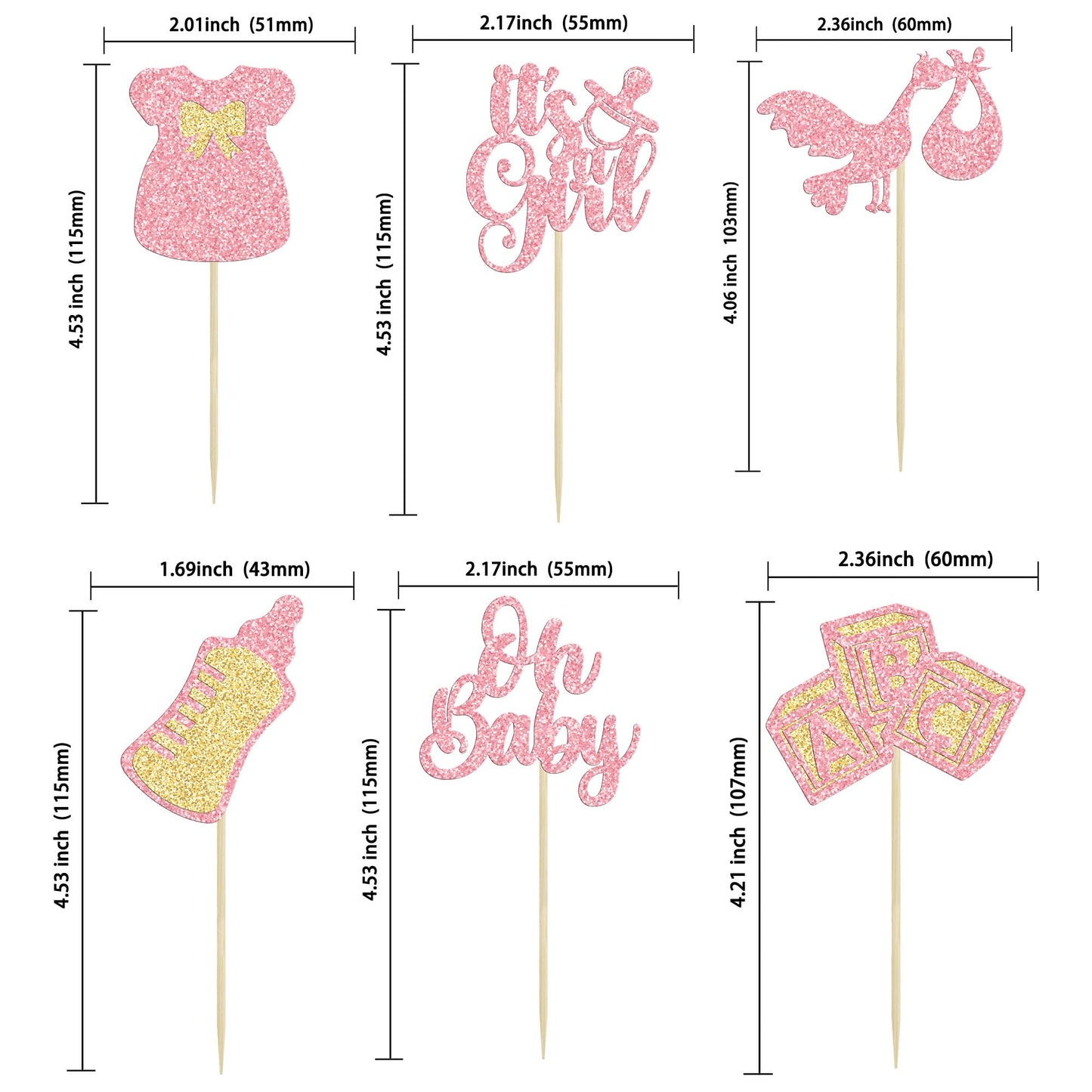 Gyufise 24Pcs Oh Baby Cupcake Toppers Glitter It'S A Girl Cupcake Picks Bow Dress Baby Bottle Baby Shower Cake Decorations For G