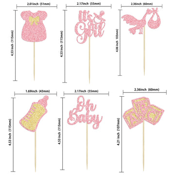Gyufise 24Pcs Oh Baby Cupcake Toppers Glitter It'S A Girl Cupcake Picks Bow Dress Baby Bottle Baby Shower Cake Decorations For G