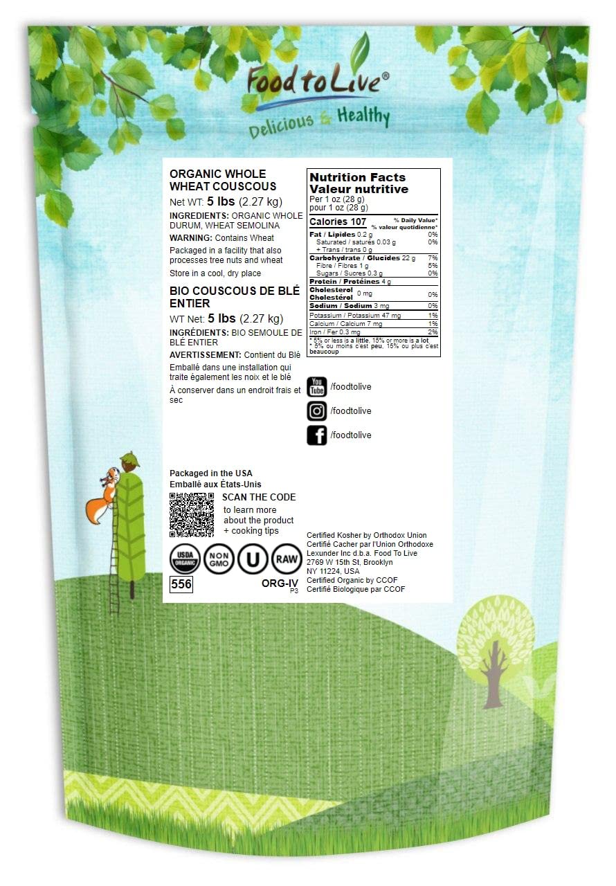 Food to Live Organic Whole Wheat Couscous, 5 Pounds - Non-GMO, Kosher, Raw, Vegan, Bulk