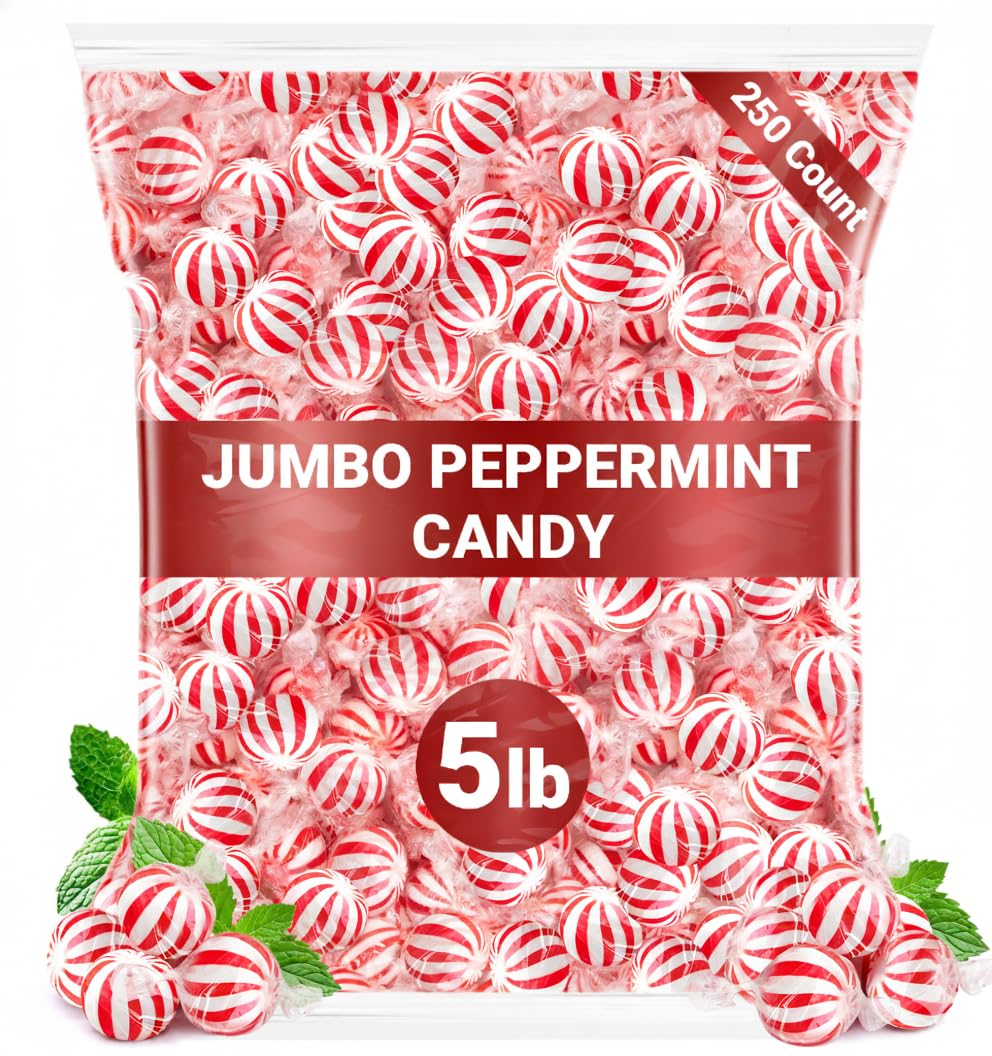 Jumbo Peppermint Candy Balls  5 Pound Bulk Peppermint Hard Candy  Approx 250 Individually Wrapped Mint Balls for Christmas Candy Jars  Office Bowls  and Holiday Party Favors.