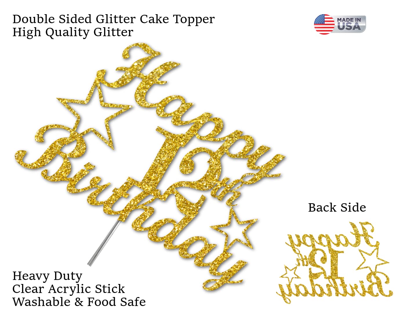 12 Birthday Cake Topper Gold Glitter, Party Decoration Ideas, Premium Quality, Sturdy Doubled Sided Glitter, Acrylic Stick. Made