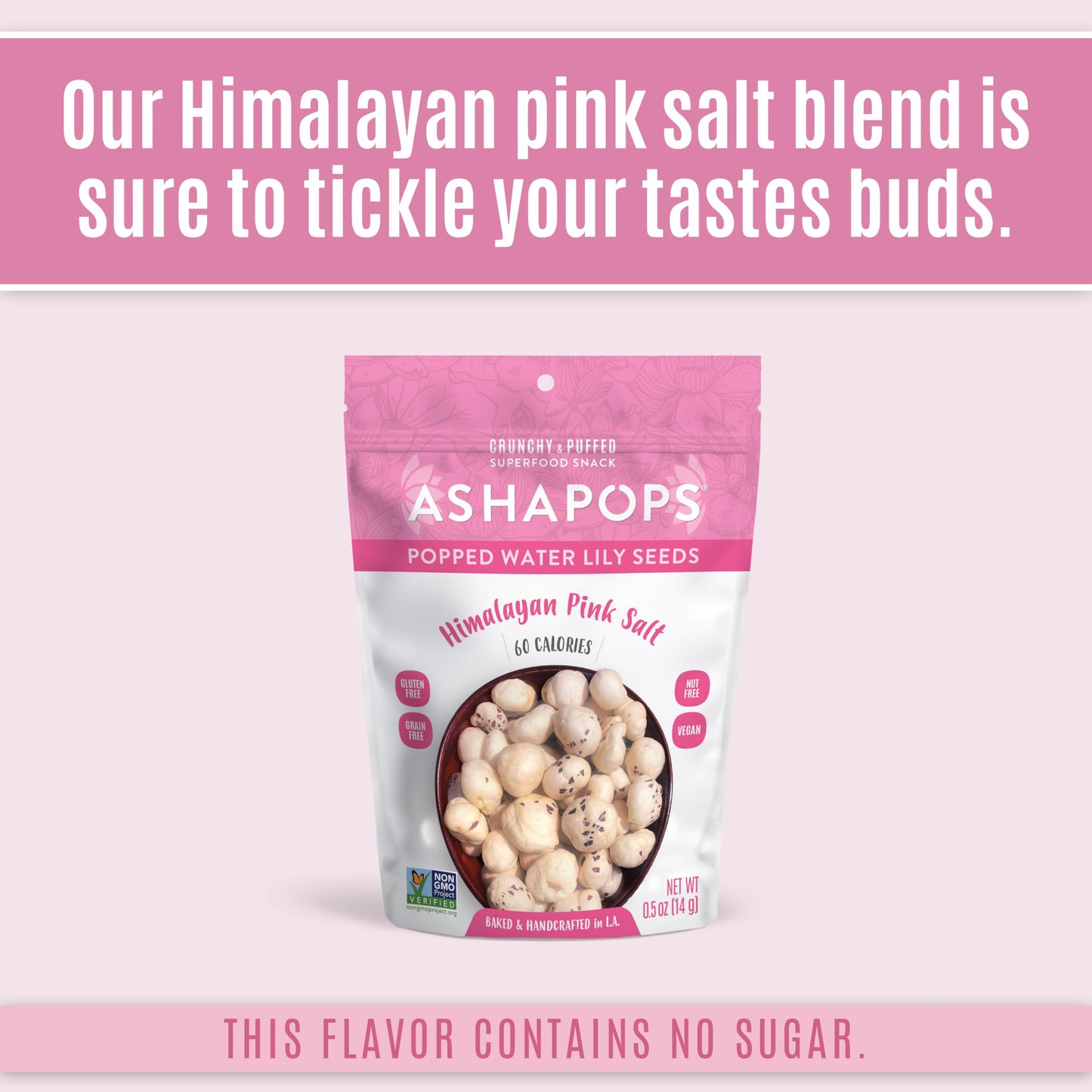 AshaPops Himalayan Pink Salt Flavored Popped Water Lily Seeds, 0.5 oz (Pack of 12) - Gluten-Free, Vegan, Paleo, Nut-Free, Corn-F