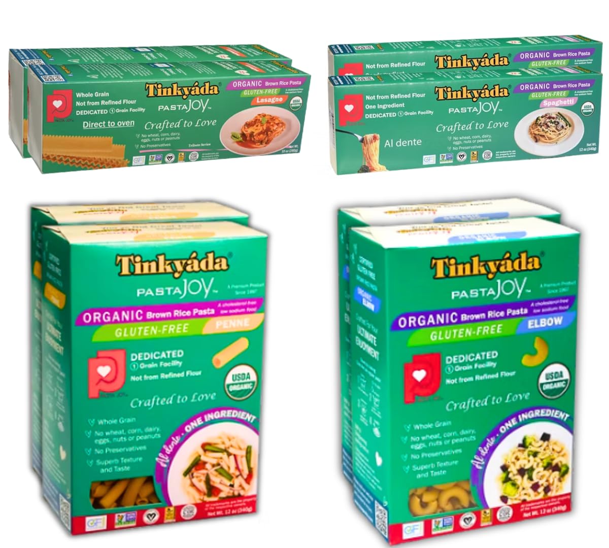 Tinkyada Organic Gluten-Free Brown Rice Pasta Variety Pack, 8 Pack - Elbow, Spaghetti, Lasagne & Penne - Certified Organic, Whea