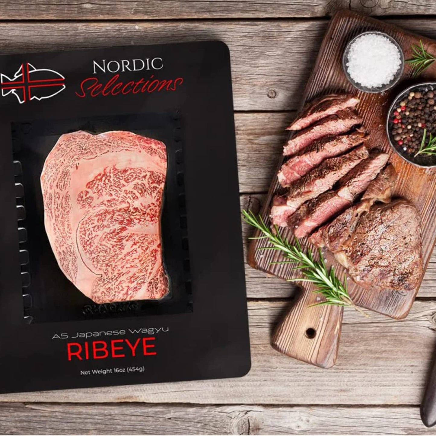Nordic Catch - Grade A5 Japanese Wagyu Beef, Ribeye Steak Without Bone, Always Fresh Thick Cut, 1 Pound Skin-Packed 100% Authent