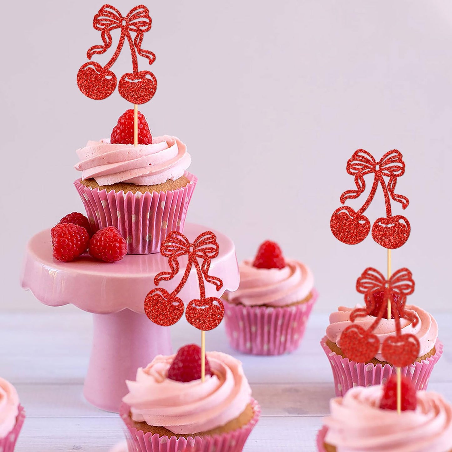 Cyodoos Cherry Cupcake Toppers, 24 Pcs Fruit Theme Decorations for Kids Birthday Party, Red