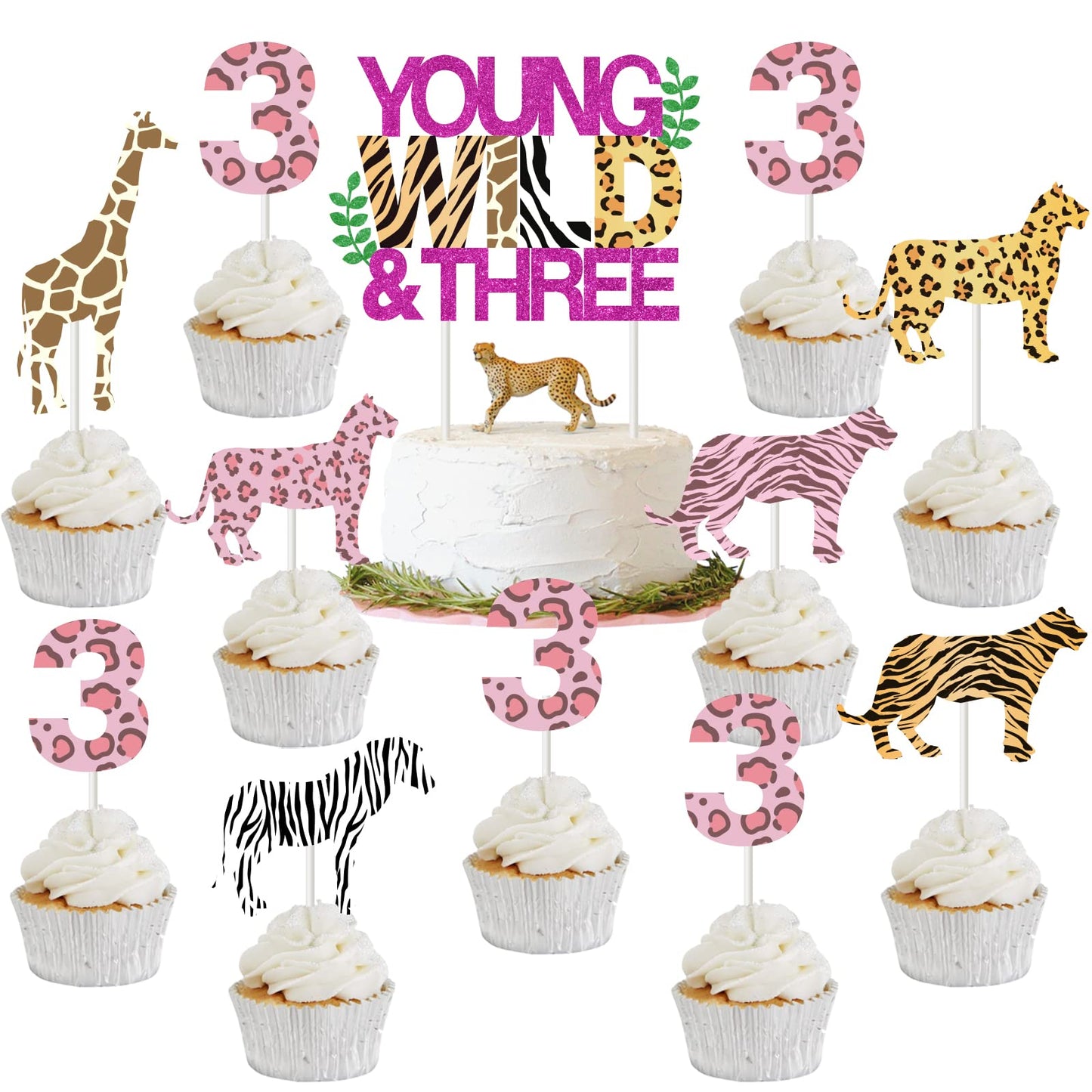 Young Wild And Three Birthday Decorations For Girl - 31Pcs Young Wild & Three Cake Topper, Animal Print Cupcake Toppers, Jungle