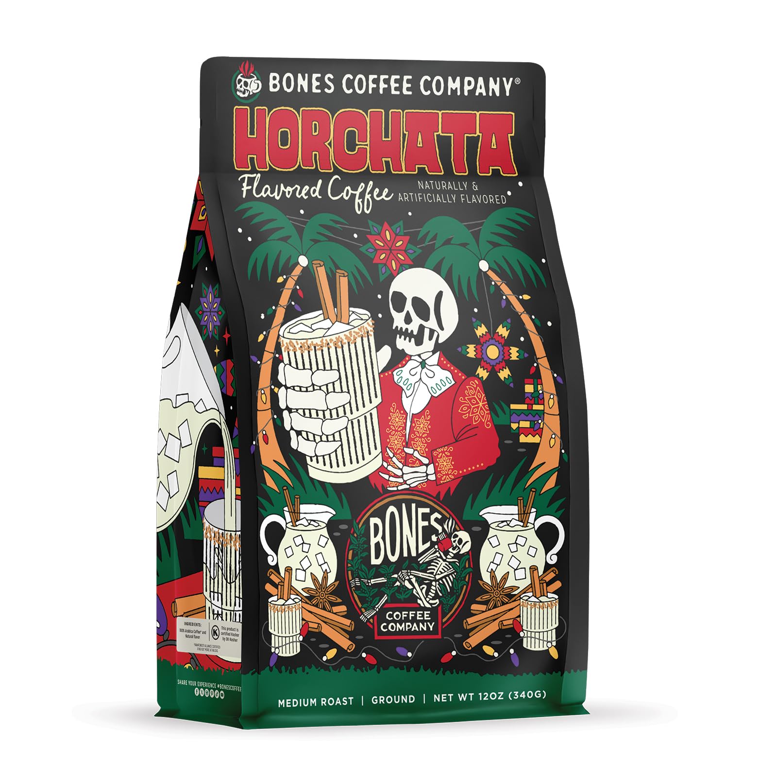 Bones Coffee Company Horchata Flavored Coffee  Medium Roast Low Acid Arabica Beans Compatible with Auto drip and French Press Coffee Maker  12 Oz Ground