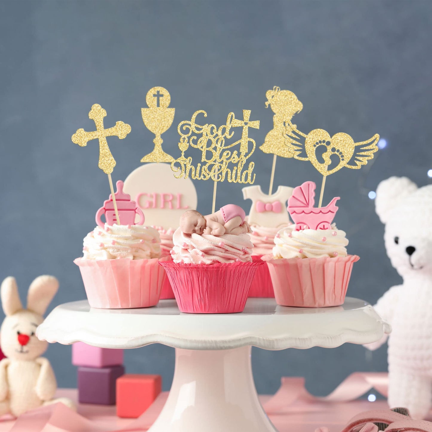 Gyufise 30Pcs Gold Glitter God Bless This Child Cupcake Toppers Cross And Angel Feet Girls Baptism Cupcake Picks Baby Shower Bir