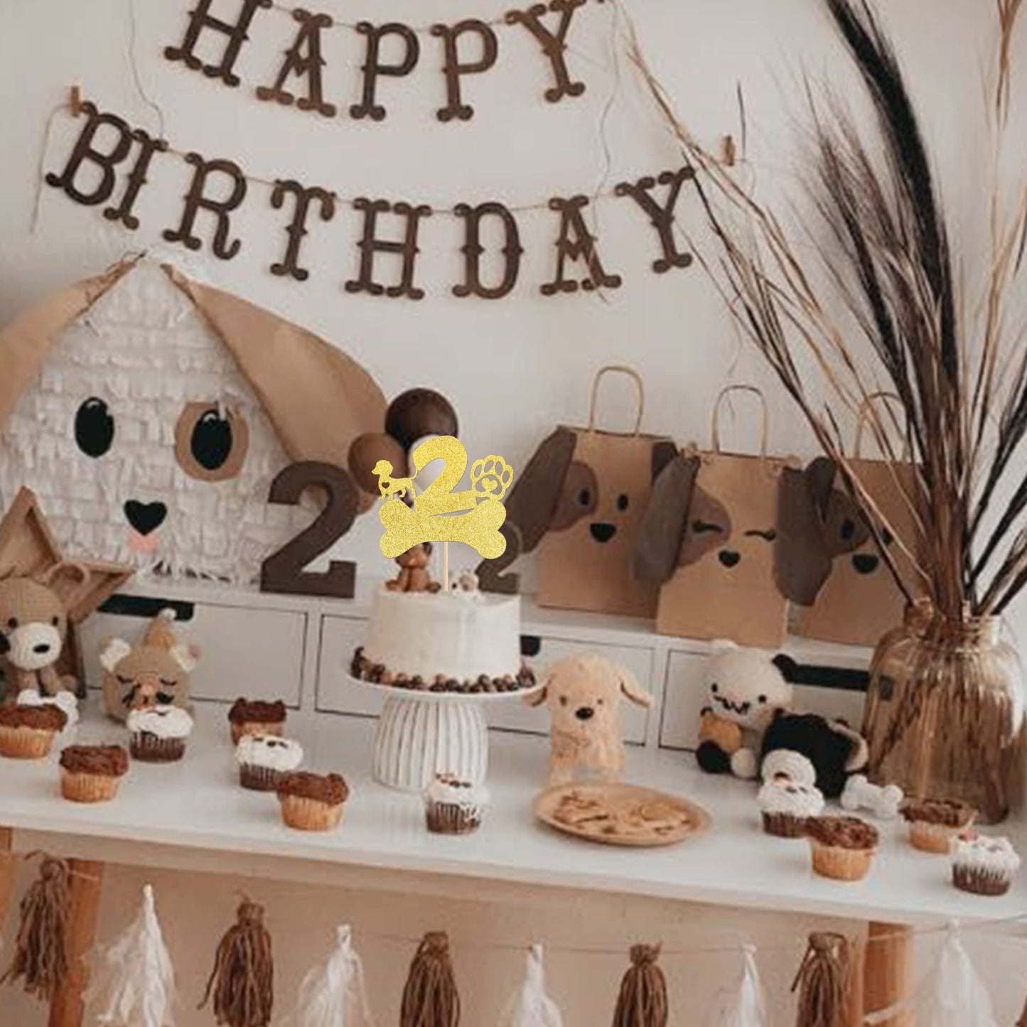 1 Pcs 2Nd Birthday Cake Topper With Gold Glitter Dog Paw Two Years Old Birthday Puppy Dog Bone Cake Pick For Let'S Pawty Baby Sh