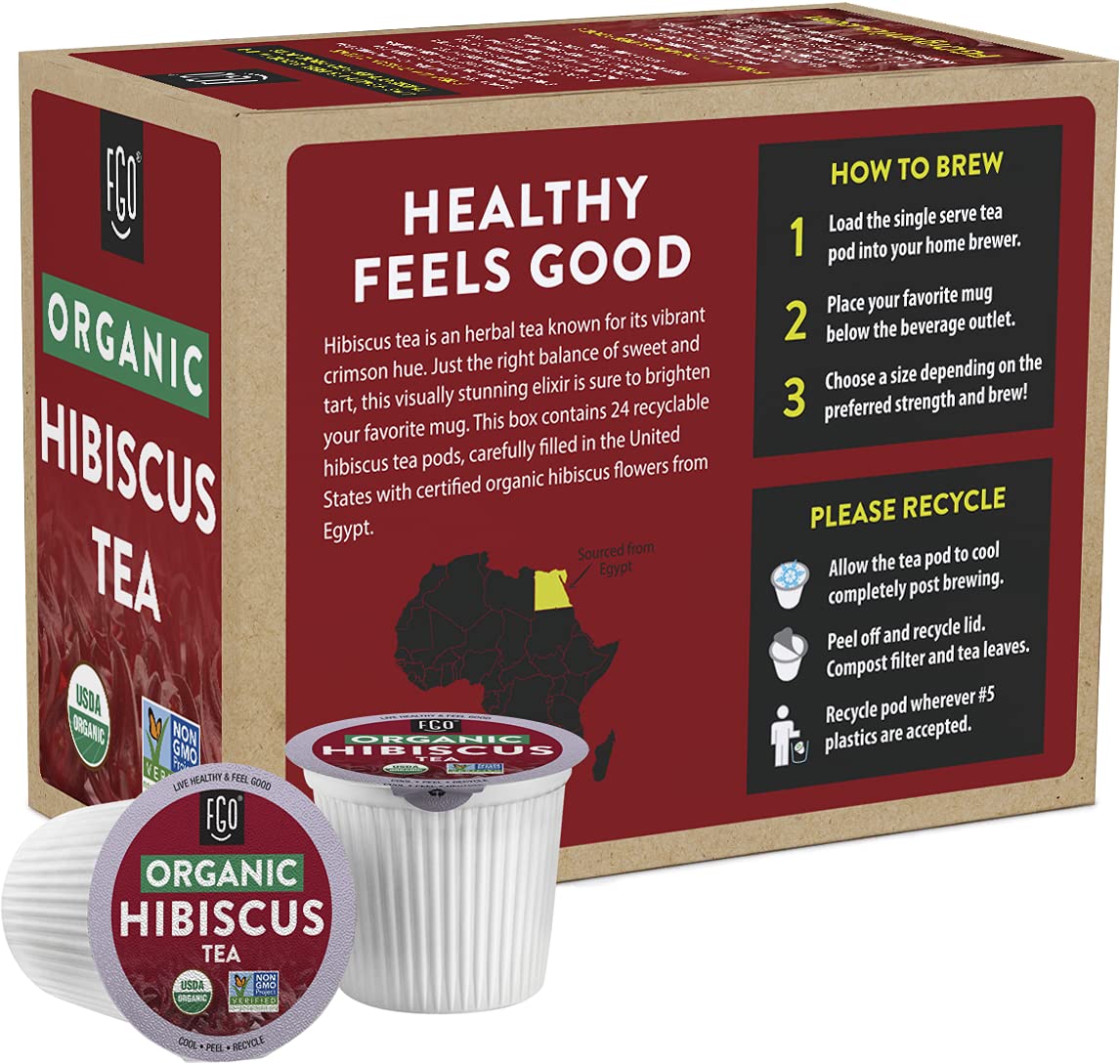 Organic Hibiscus Herbal Tea K-Cup Pods  24 Pods by FGO - Keurig Compatible - Naturally Caffeine-Free Tea  enhanced Green Tea is USDA Organic  Non-GMO  & Recyclable