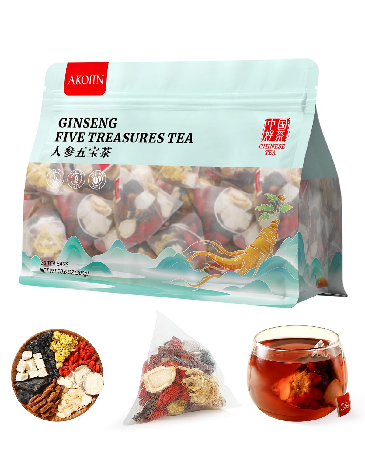 Ginseng Five Treasures Tea - 30 Bags  Caffeine-Free  Pure Herbal Blend with 8 Traditional Chinese Herbs Kidney Tea  Gentle Energy & Focus for Men and Women
