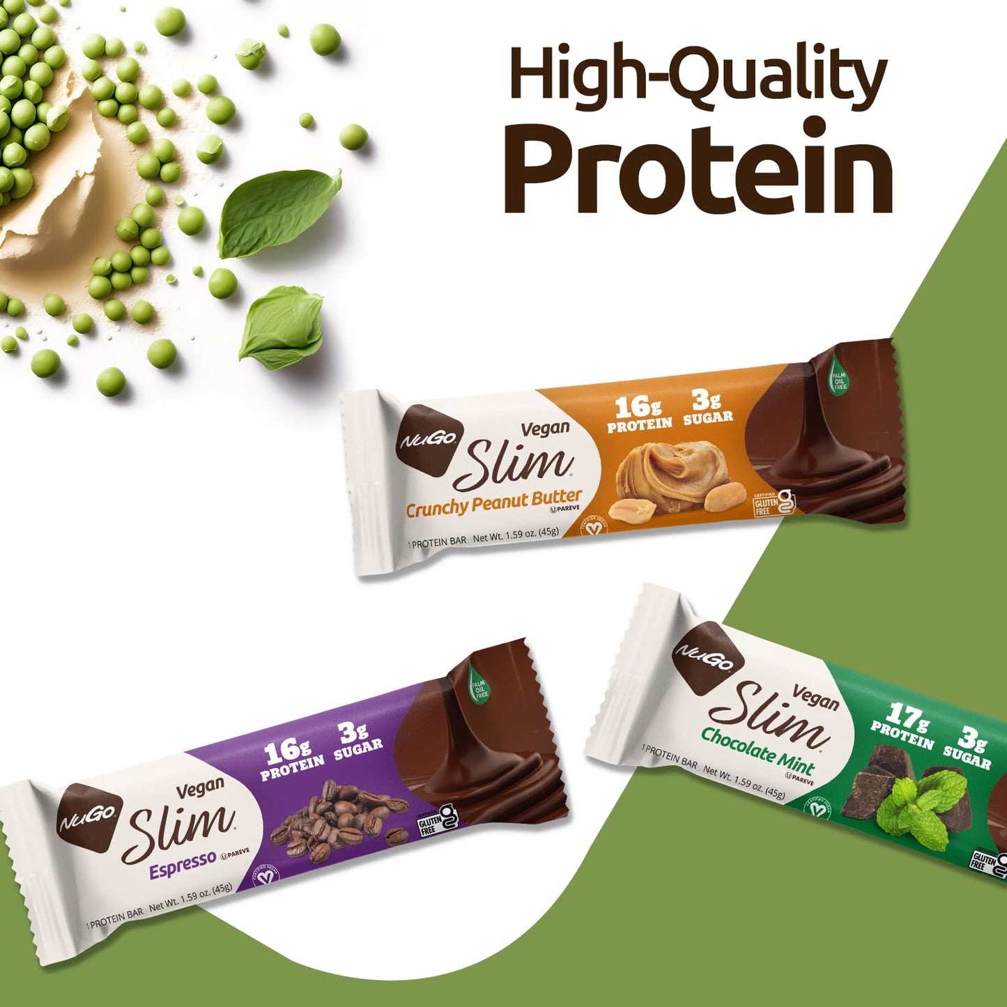 NuGo Slim Dark Chocolate Espresso, 16g Vegan Protein, 3g Sugar, 7g Fiber, 170 Calories, Low Net Carbs, Gluten Free, 12 Count