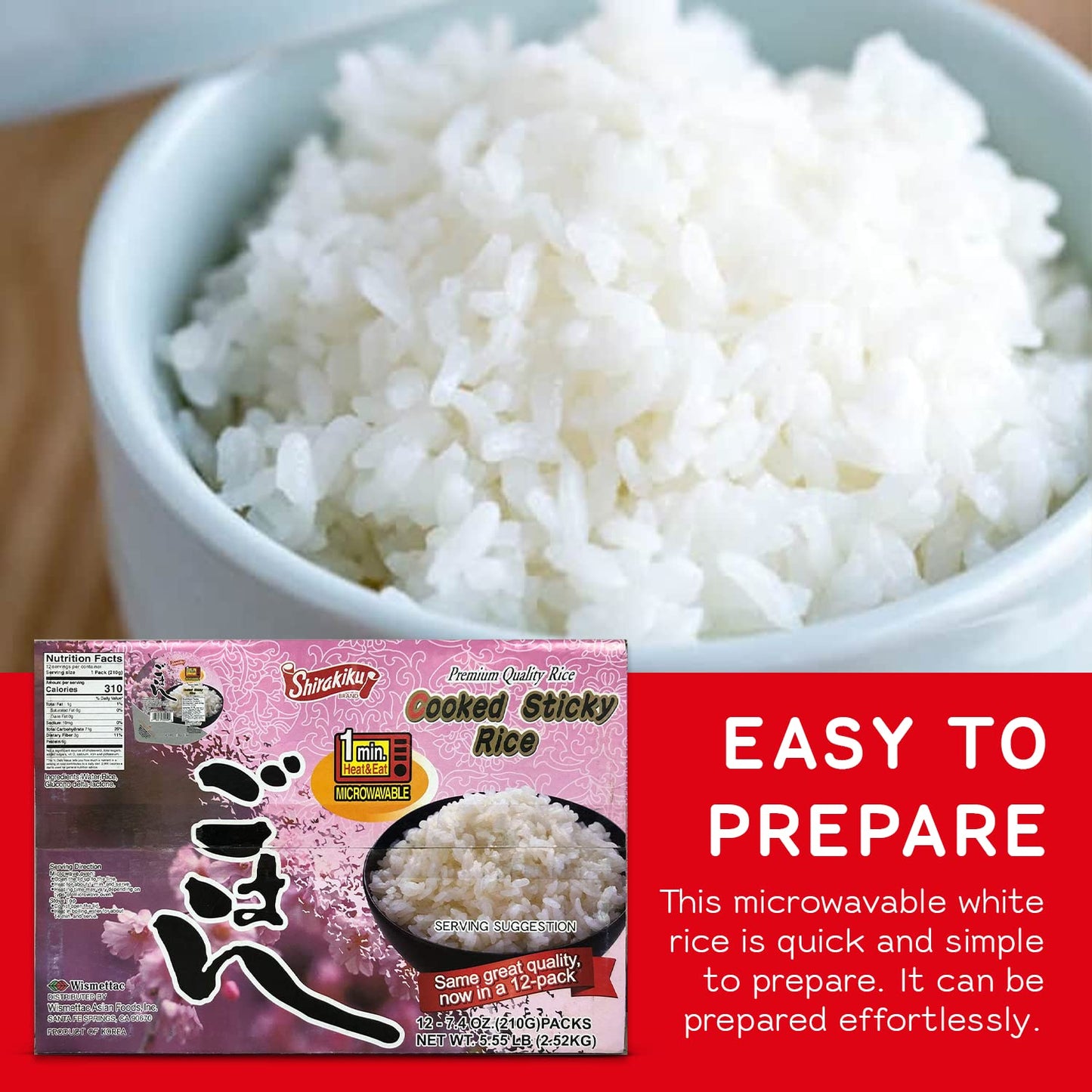 Shirakiku Dried Grains & Rice - Japanese Short Grain Sticky White Rice - Premium Quality Microwavable Ready To Eat Cooked Sushi Rice, 7.4 Ounce (Pack Of 12)