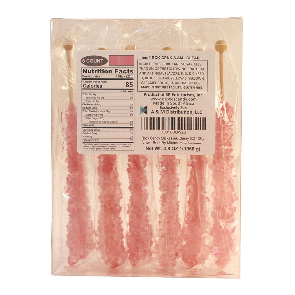 Espeez Extra Large Rock Candy Sticks, 6 Pink Cherry Lollipops, Individually Wrapped for Candy Buffet, Weddings, Baby Showers