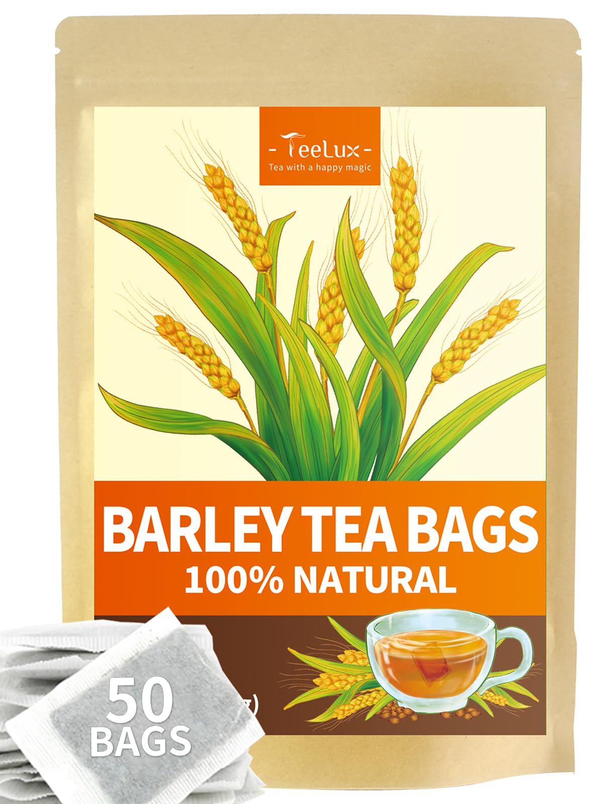 TeeLux Barley Tea Bags, Caffeine Free, Sugar Free, Nutty Flavor, 50 Count
