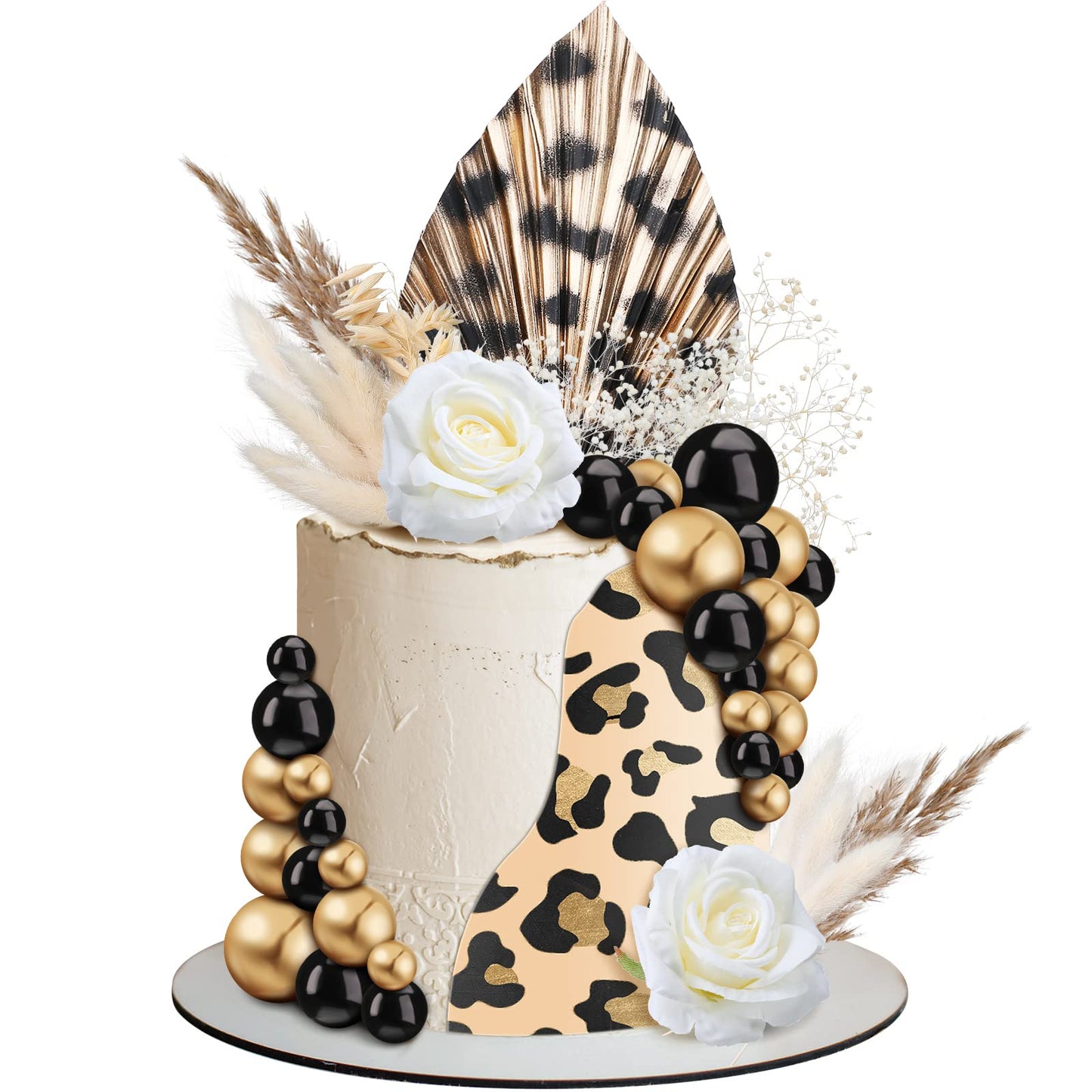 51 Pcs Boho Cheetah Cake Toppers Palm Leaves Flowers Cake Decorations Mini Balls Cupcake Dried Reed Grass Decor For Boho Home Wedding Baby Shower Baby Boy Girl Birthday Themed Party Supplies