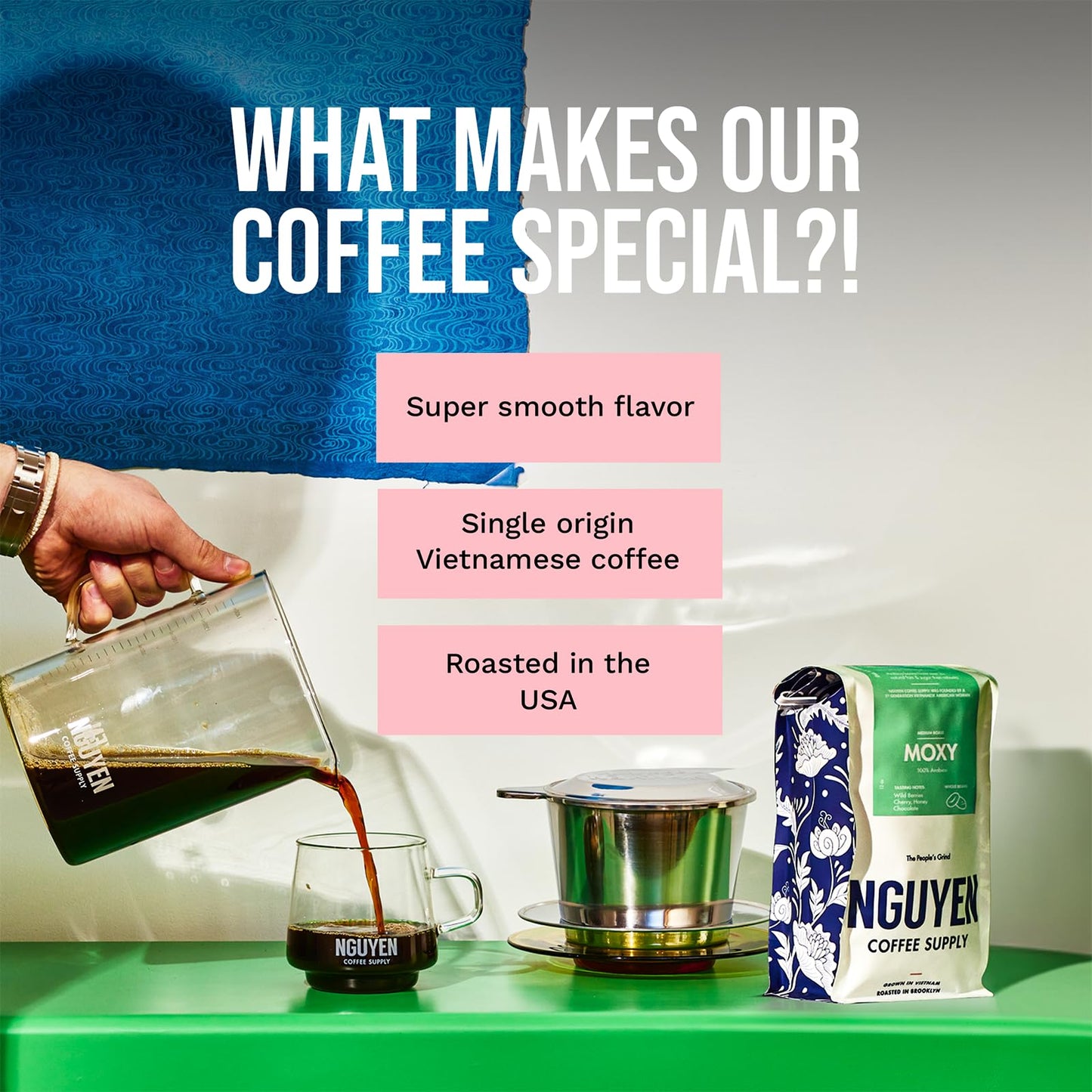 Nguyen Coffee Supply Moxy Arabica Medium Roast Whole Coffee Beans, 12 oz Bag, Single Origin, Low Acid, High Caffeine